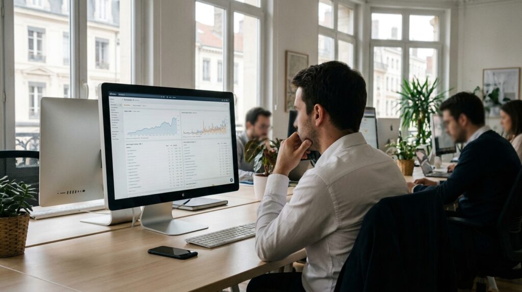 Consultant SEO analysant des courbes de trafic organique dans une agence à Lyon