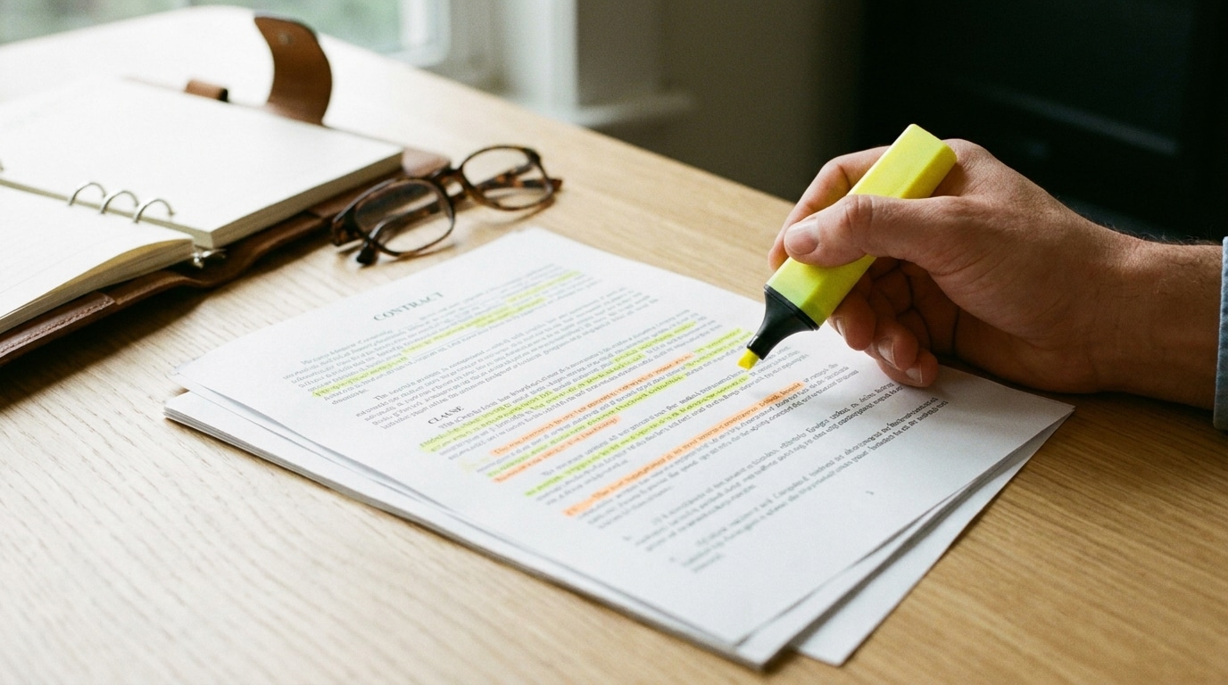 Relecture attentive des clauses d'un contrat d'agence SEO surligné sur un bureau