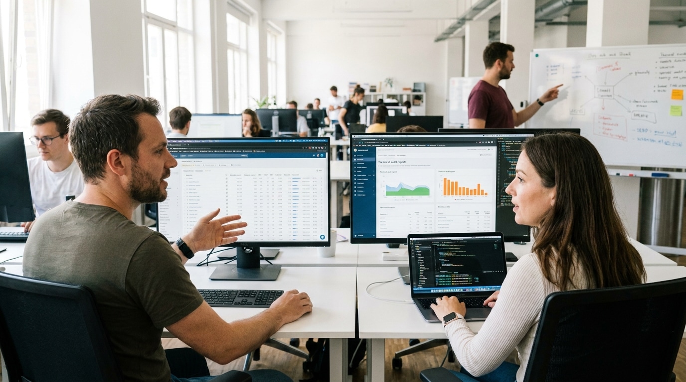 Consultants SEO travaillant en équipe sur un audit et un suivi de positions