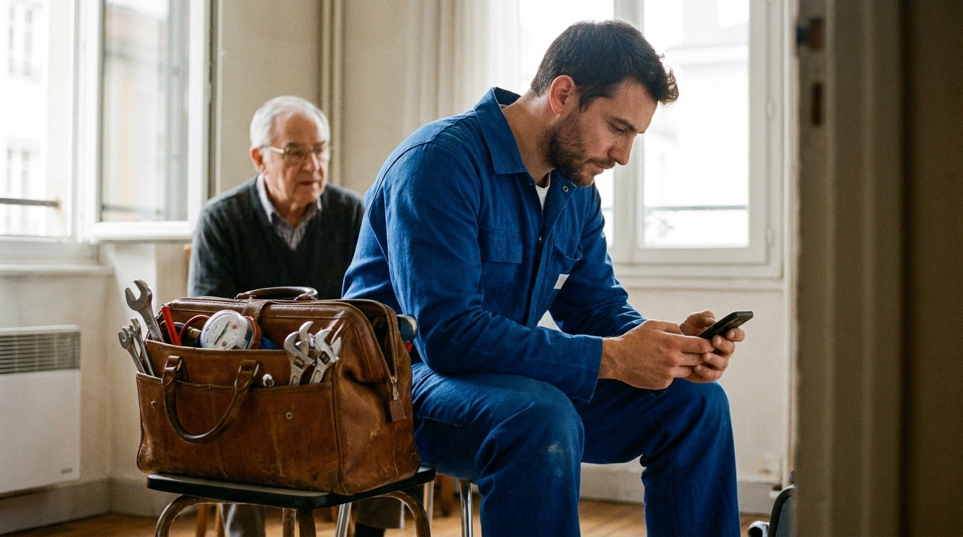 Artisan en intervention à Lyon vérifiant son téléphone professionnel