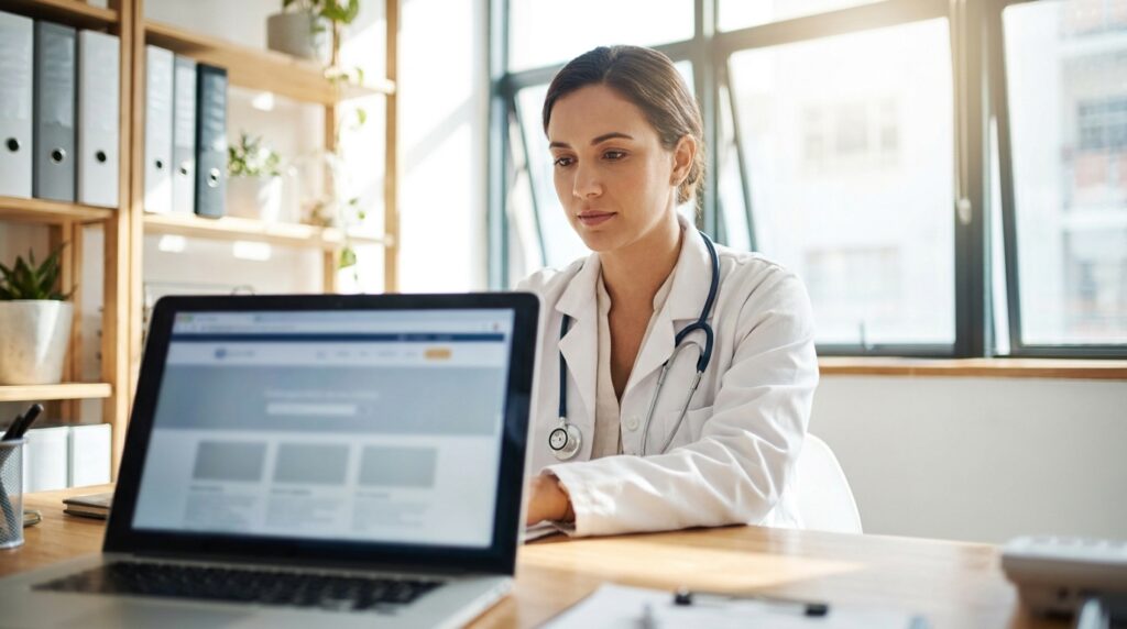 Professionnelle de santé consultant un site web dans son cabinet, illustration du SEO YMYL