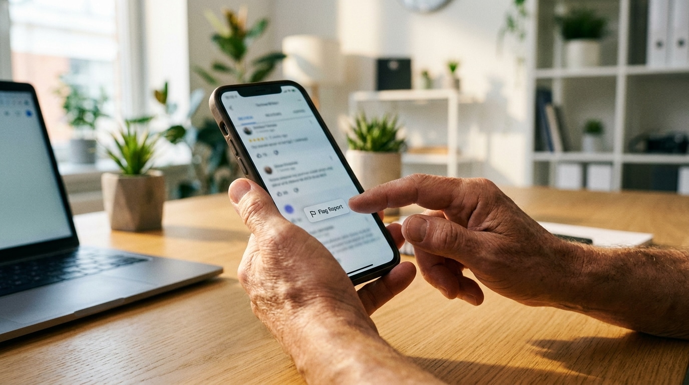 Personne signalant un avis depuis son smartphone dans un bureau professionnel