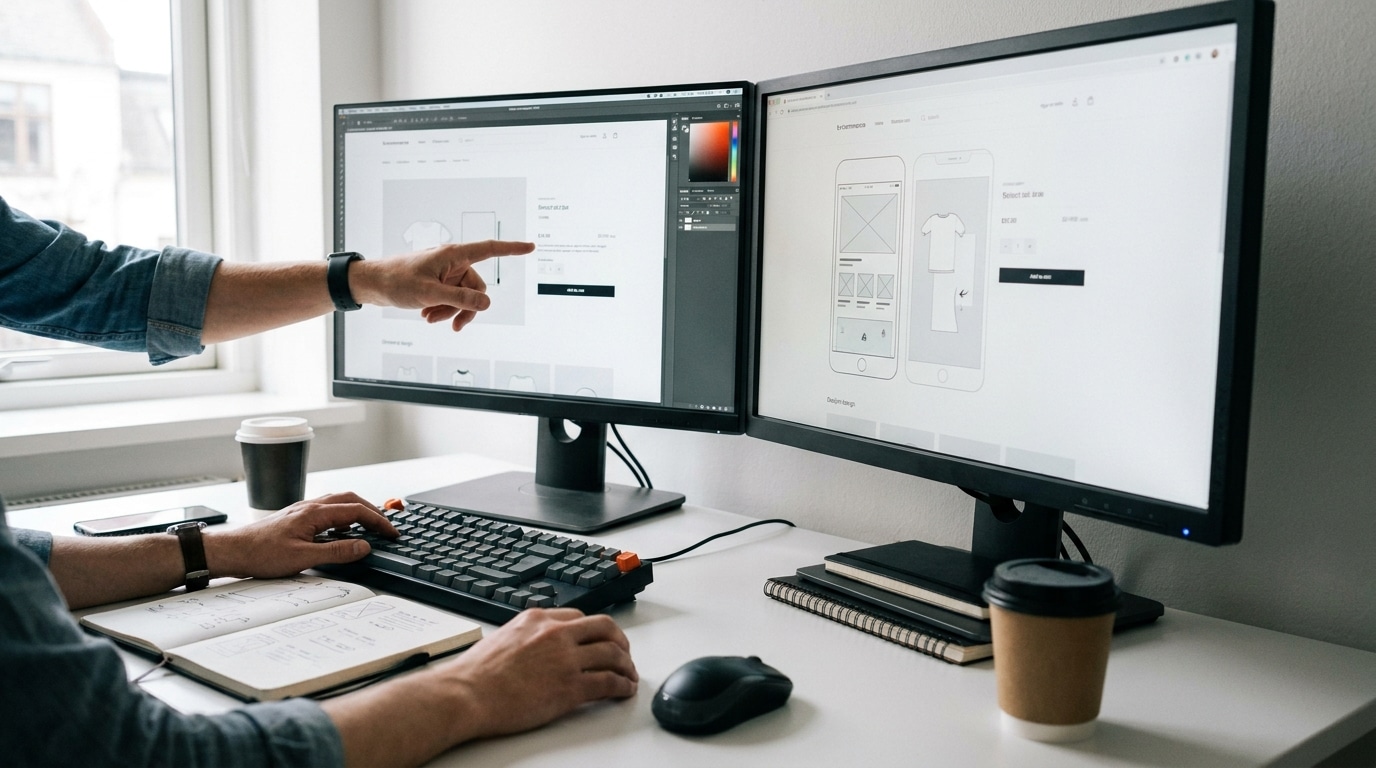 Développeur et designer comparant deux solutions e-commerce sur deux écrans