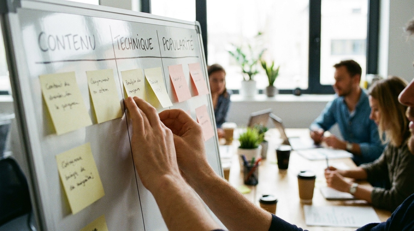 Organisation des facteurs de classement SEO sur un tableau blanc par une équipe