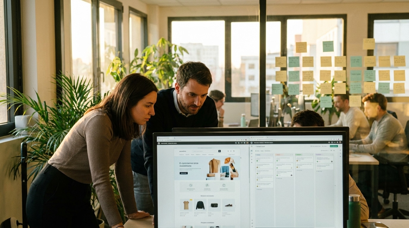 Deux professionnels analysent la maquette et les postes de budget d'un projet de boutique en ligne