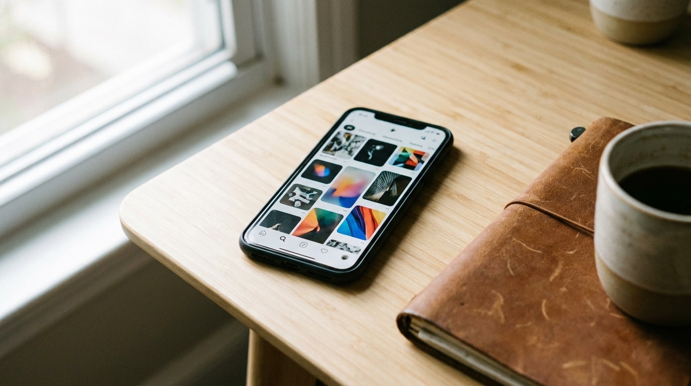 Smartphone affichant un flux de contenus visuels posé sur un bureau de travail