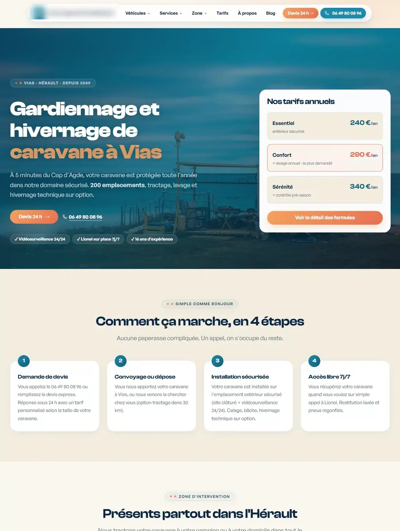 Le site vitrine d'un gardiennage de caravanes à Vias, construit par Rankit